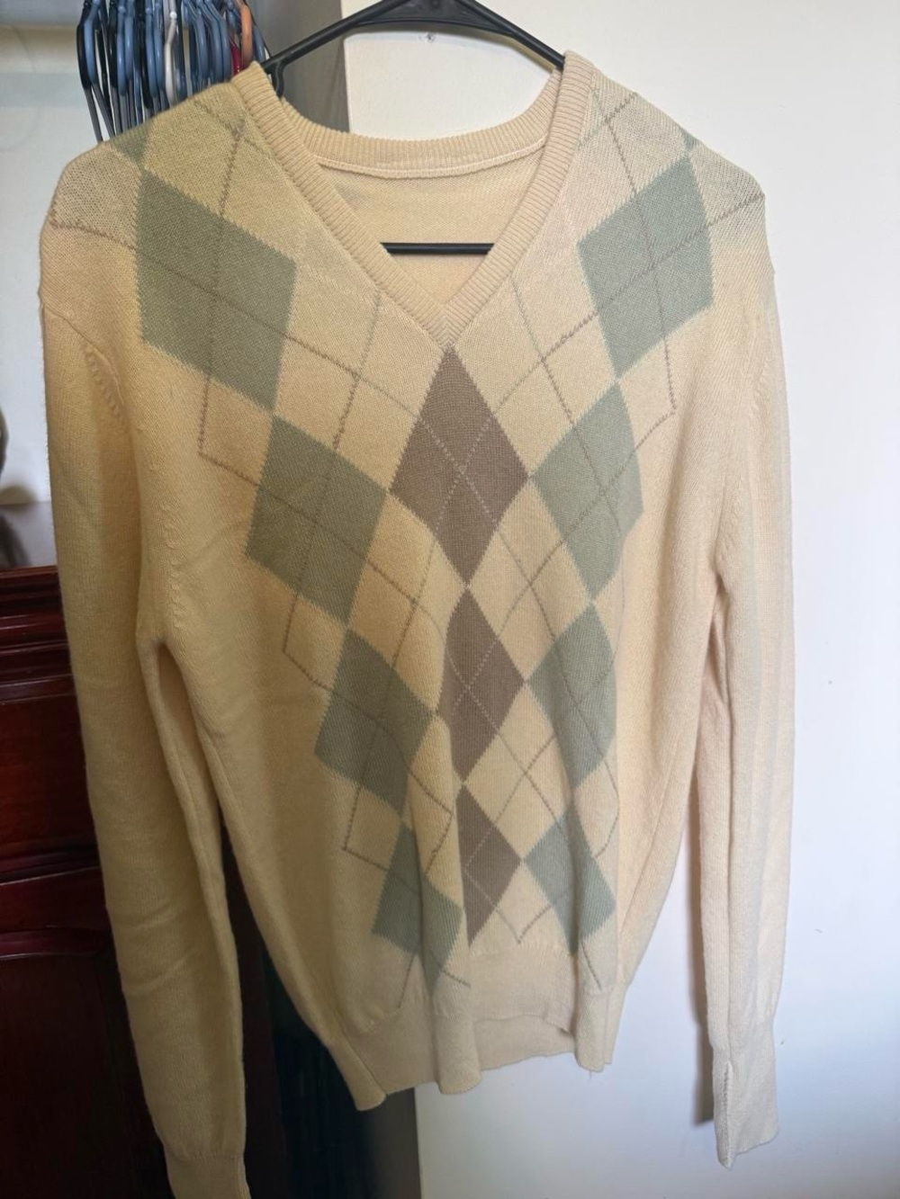 Classic V-Neck Argyle Sweater in Beige and Sage